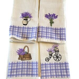 4 Lavender Kitchen Towels Lavien Embroidered Waffle Cotton Blend  Purple Plaid